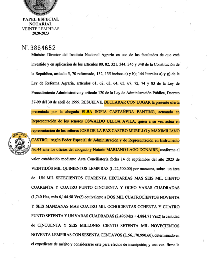 Fragmento de la escritura de compraventa en la que se menciona el supuesto poder otorgado a Sofia Castañeda Panting. - Contra Corriente